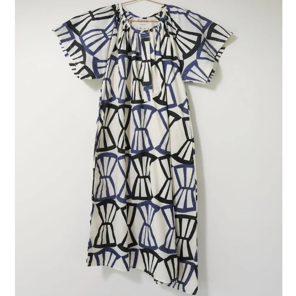 Seek Collective Leta Bialetti Geo Print Asymmetrical Hem Midi Dress,Cream Blue,L